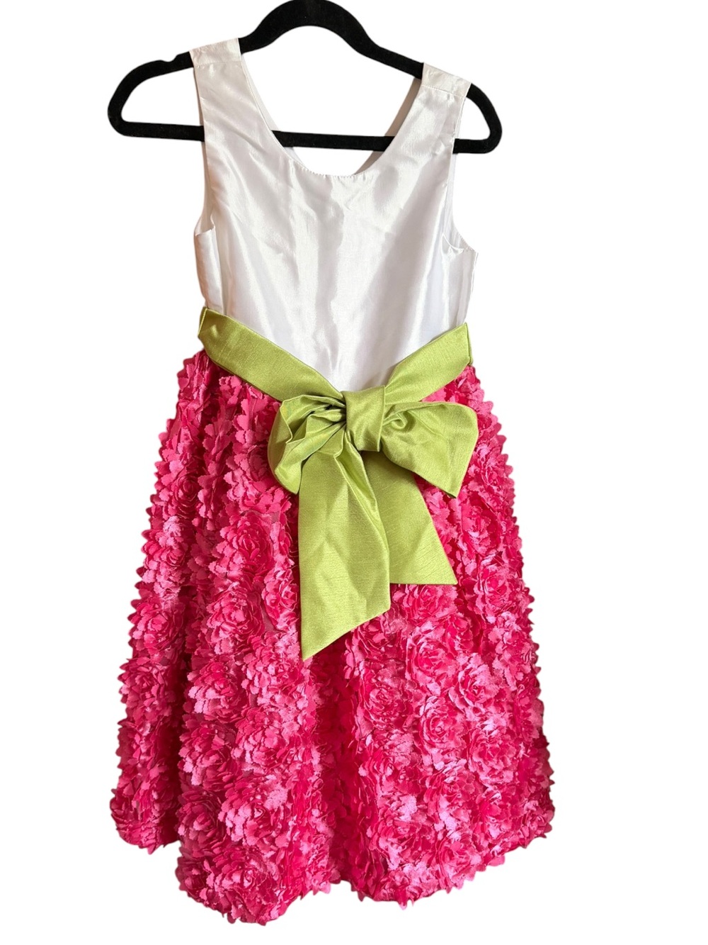 Rare Editions Party Dress Rosette Fuchsia Floral Skirt Lime Sash Bow Size 6